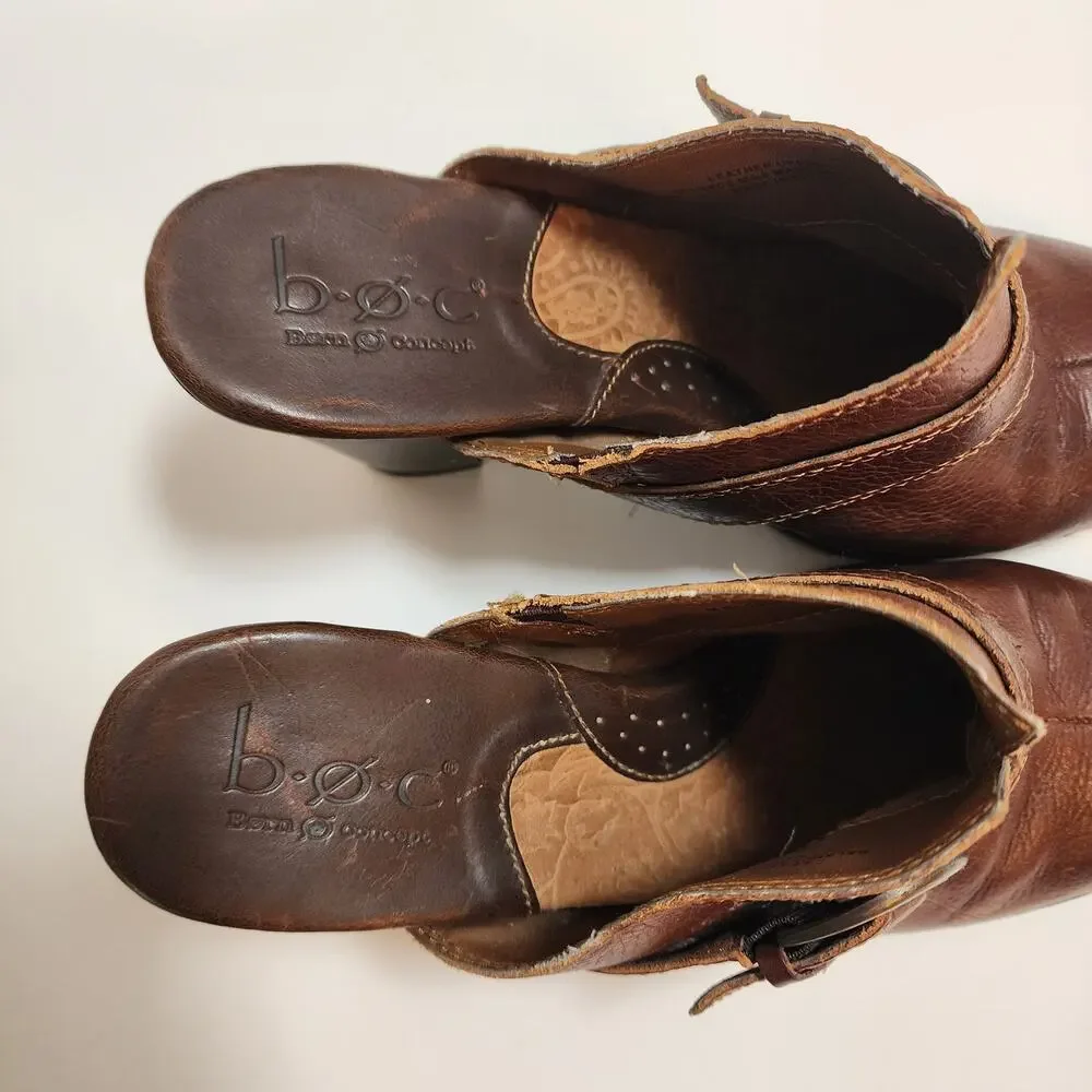 BOC Brown Leather‎ Slip On Clogs Stacked Heel Women's SZ 8